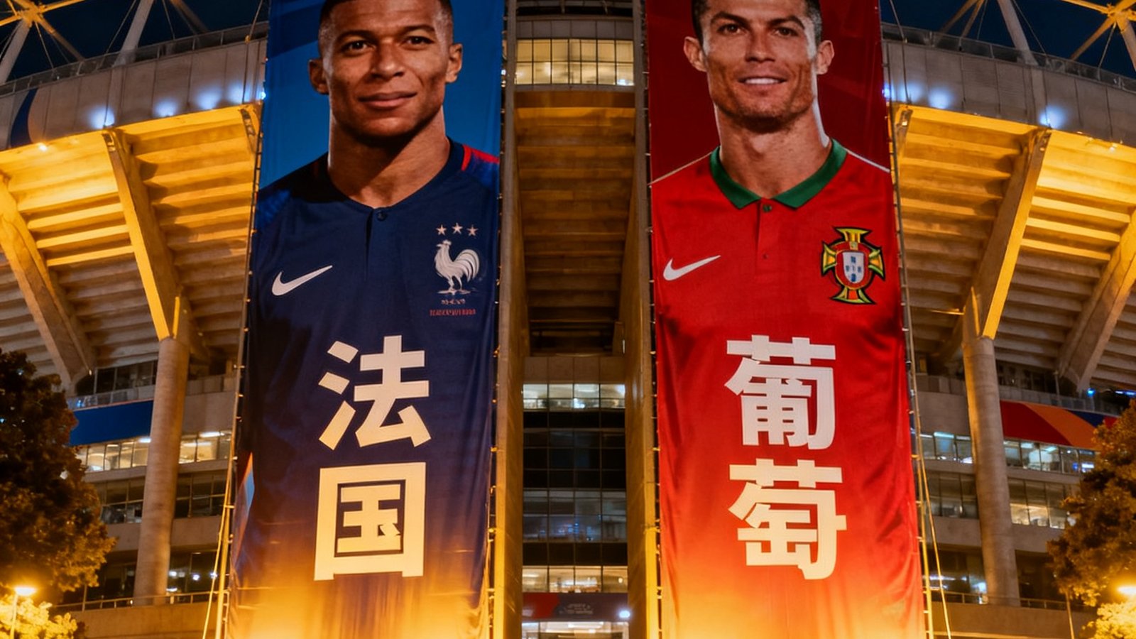 法国对阵葡萄牙赛前预热，姆巴佩与C罗巨幅海报悬挂在球场外